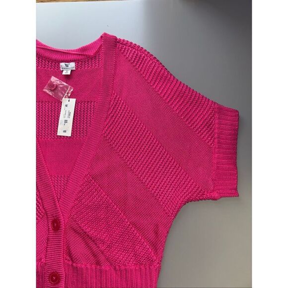 Worthington cropped short sleeve cardigan button-front closure vibrant pink dolm - Picture 9 of 9